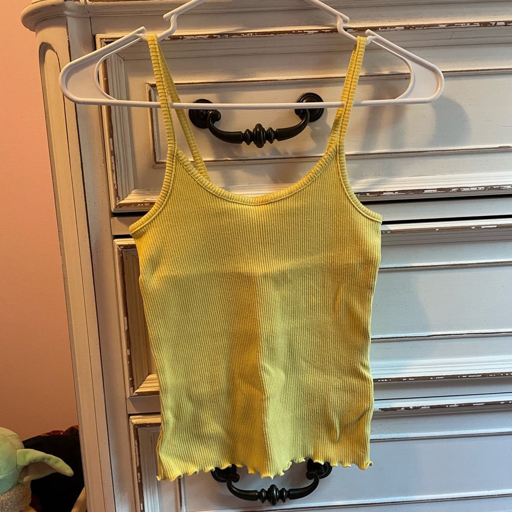 Yellow Ribbed Spaghetti Strap Tank Top with Ruffles